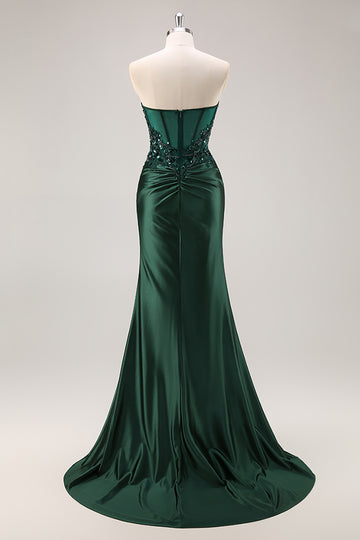 Dark Green Mermaid Strapless Sequin Long Prom Dress with Beading
